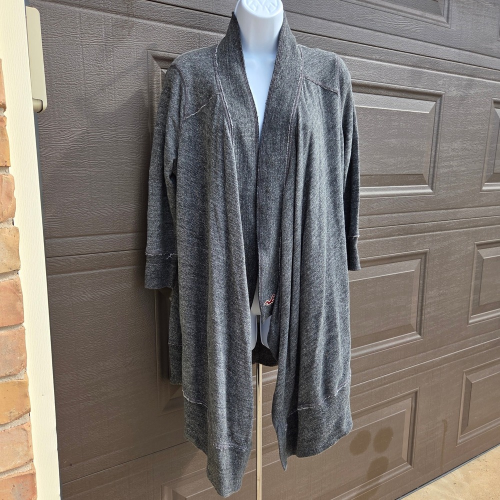 Hollister Gray Open Front Draped Cardigan Y2K Marl Knit Long Sweater Womens M